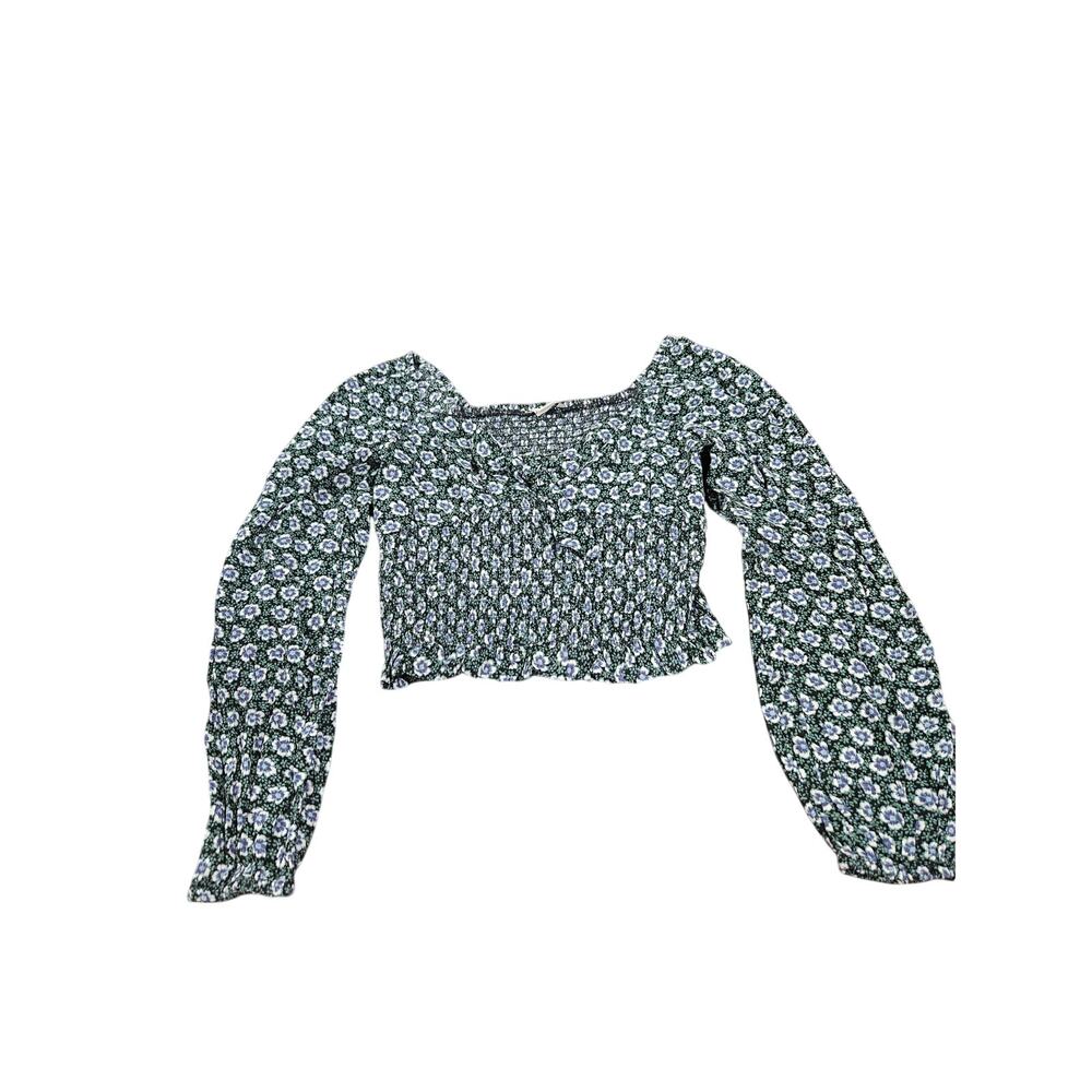 American Eagle Green Floral Smocked Milkmaid Crop Top Tie Front Puff Sleeve S/P